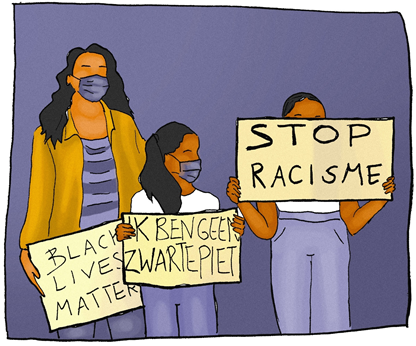 Black Lives Matter in the Netherlands. Illustration Marit van de Warenburg (coloring Thomas van Gaalen), 2021.